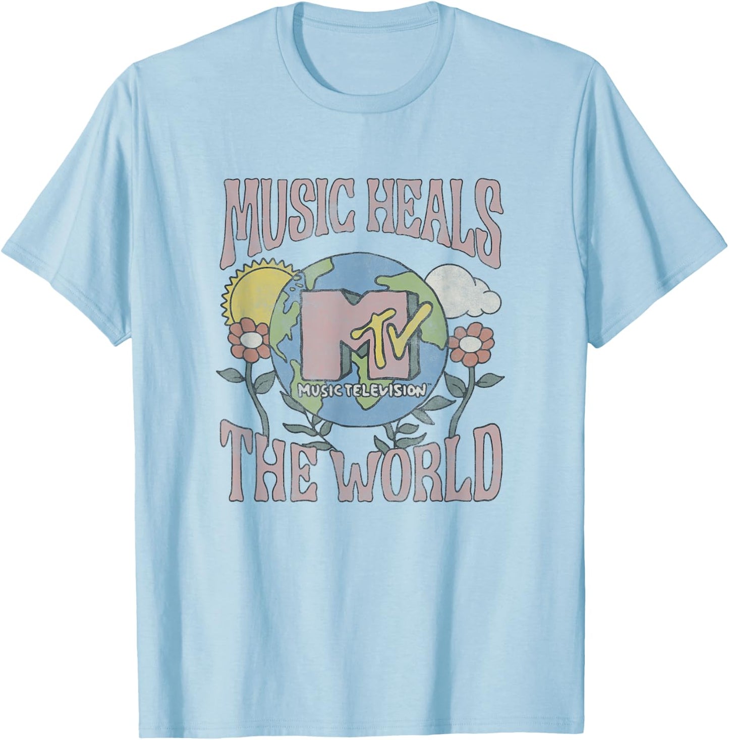 MTV Vintage Earth Day Music Heals The World Groovy Poster T-Shirt - T-Shirt | Light Blue