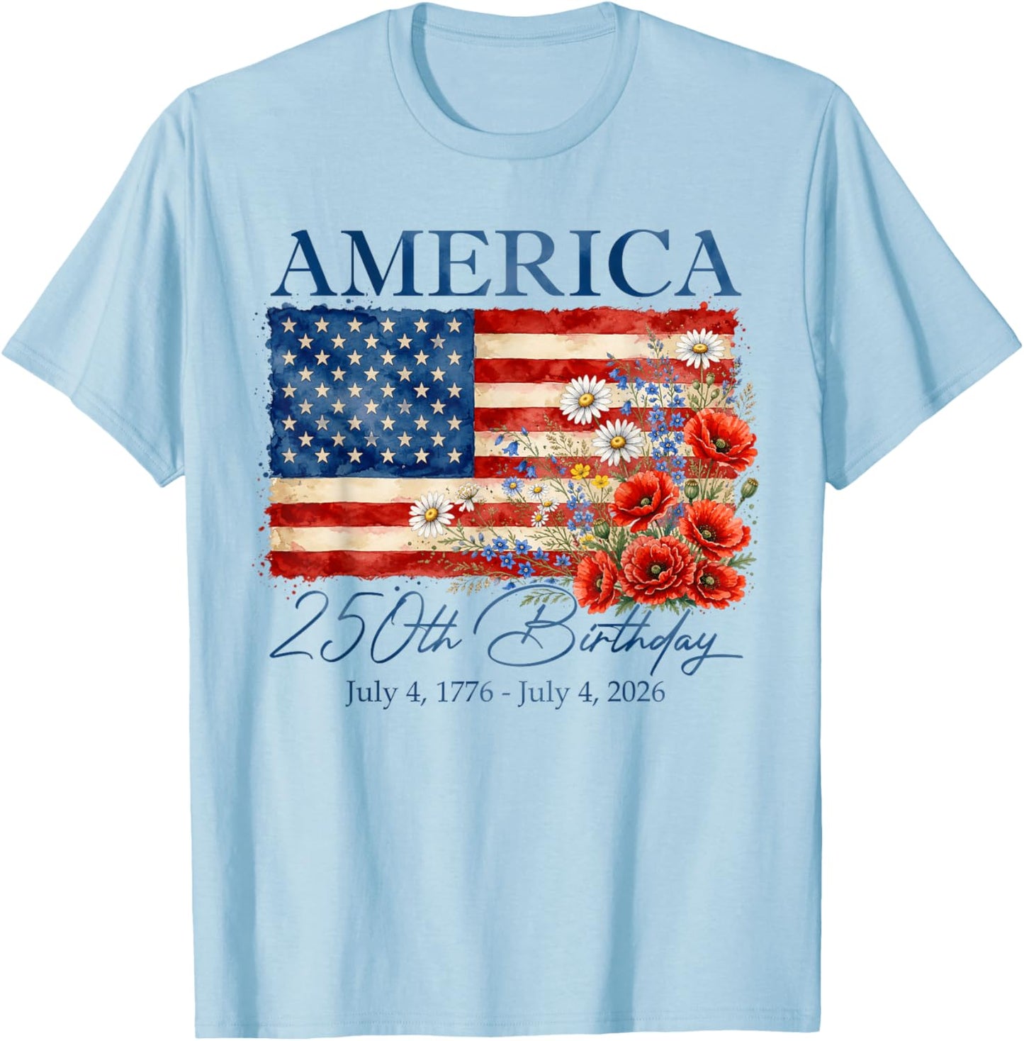 Floral 250th Anniversary USA 4th of July 250 Years America T-Shirt - T-Shirt | Light Blue