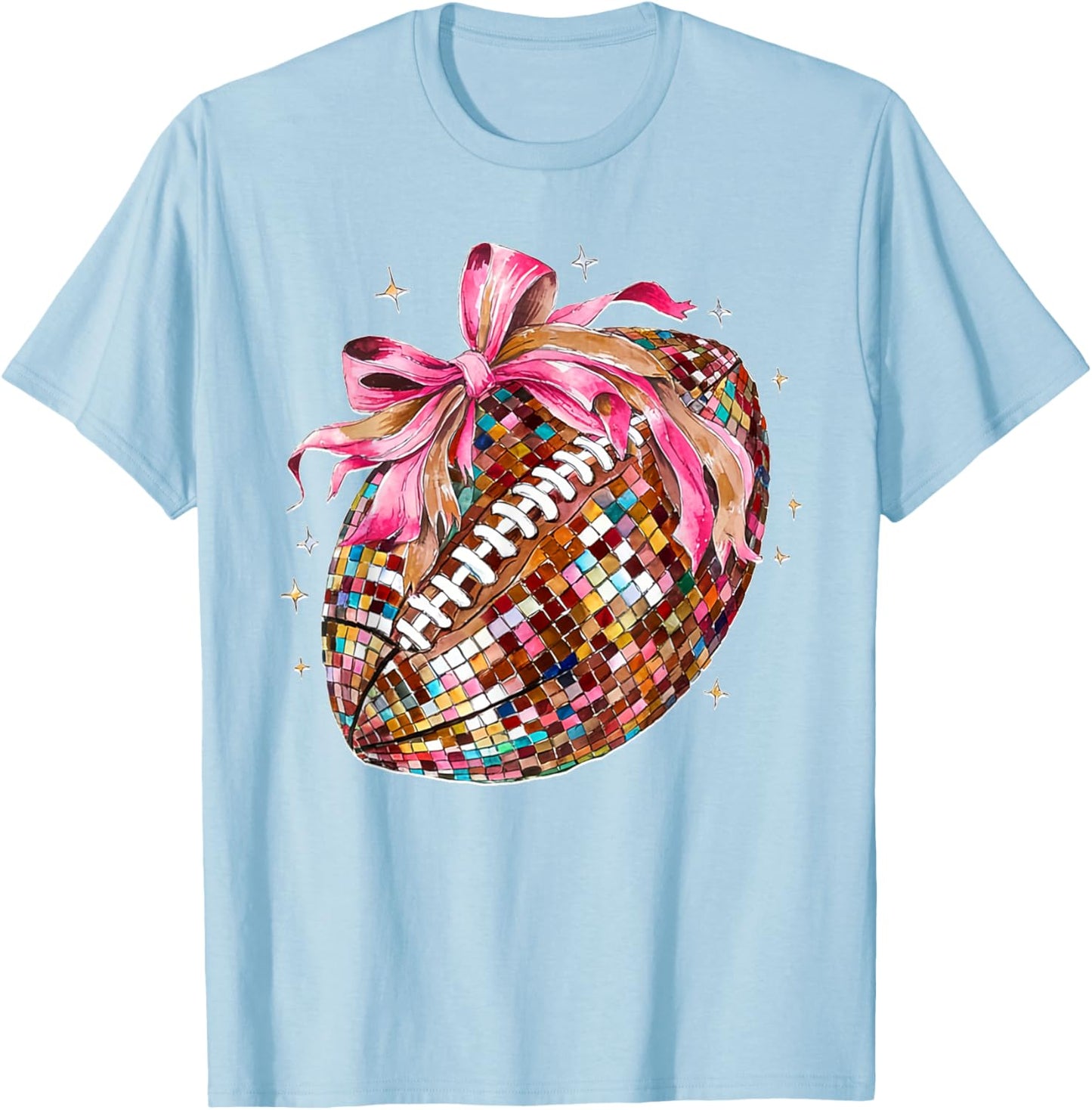 Coquette Bow Disco Funny Football Game Day Touchdown Season T-Shirt - T-Shirt | Light Blue