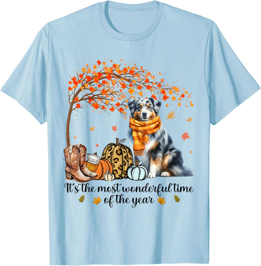 Fall Maple Tree Print Dog Lover Happy Thanksgiving Australian Shepherd Autumn Fall T-Shirt - T-Shirt | Light Blue