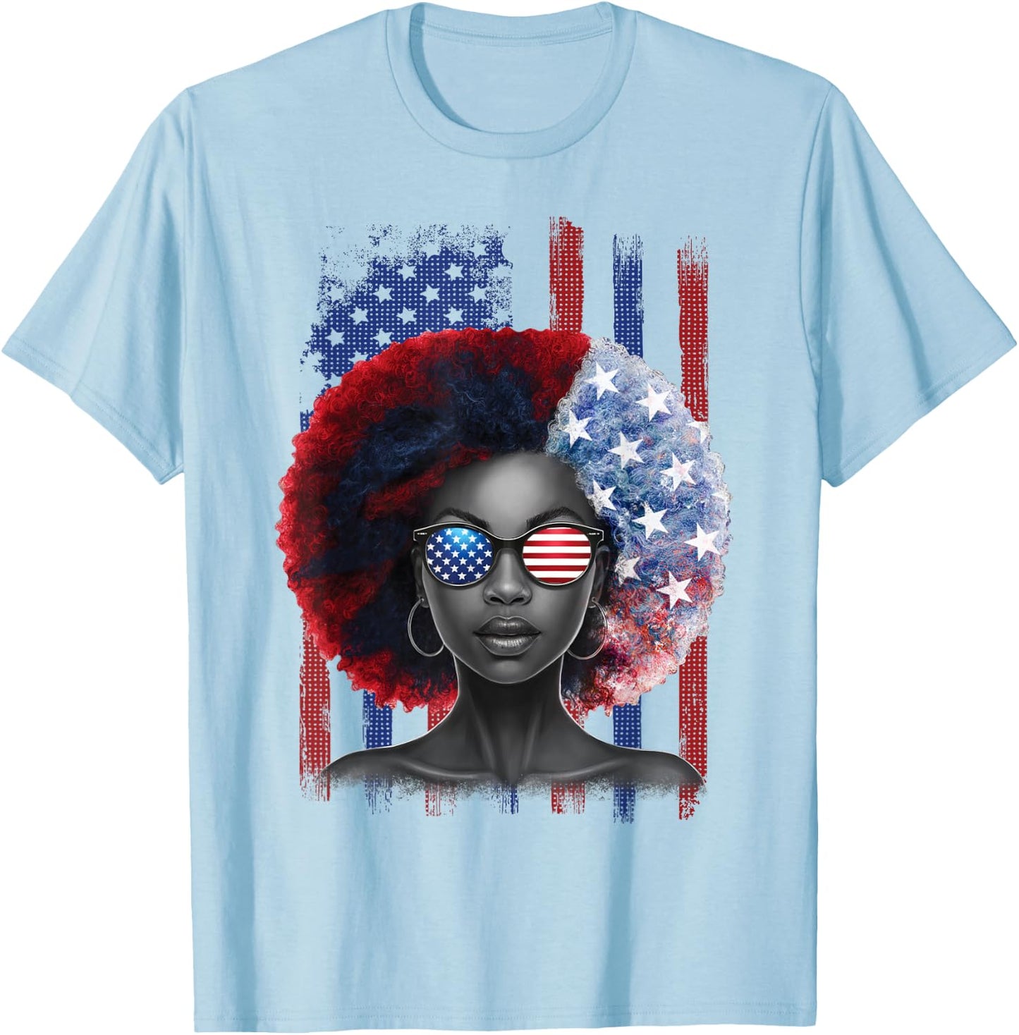 Black African American Women Patriotic Messy Bun 4th of July T-Shirt - T-Shirt | Light Blue