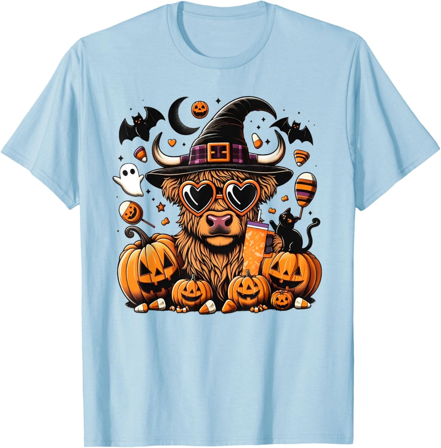 Halloween Highland Cow Witchy Cow Spooky Pumpkin Hello Fall T-Shirt - T-Shirt | Light Blue
