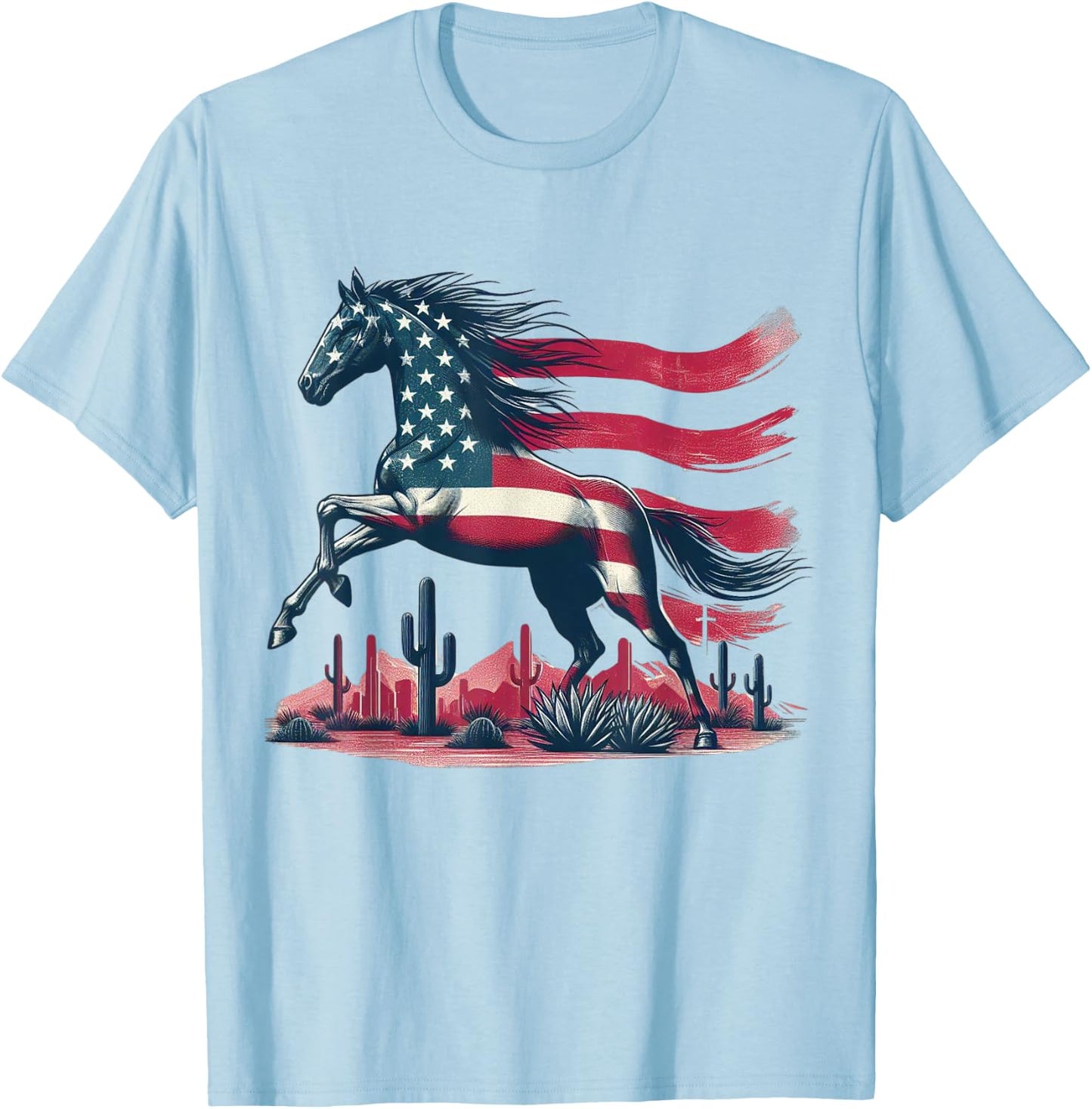 Horse American Flag USA 4th of July Horseback Riding Western T-Shirt - T-Shirt | Light Blue