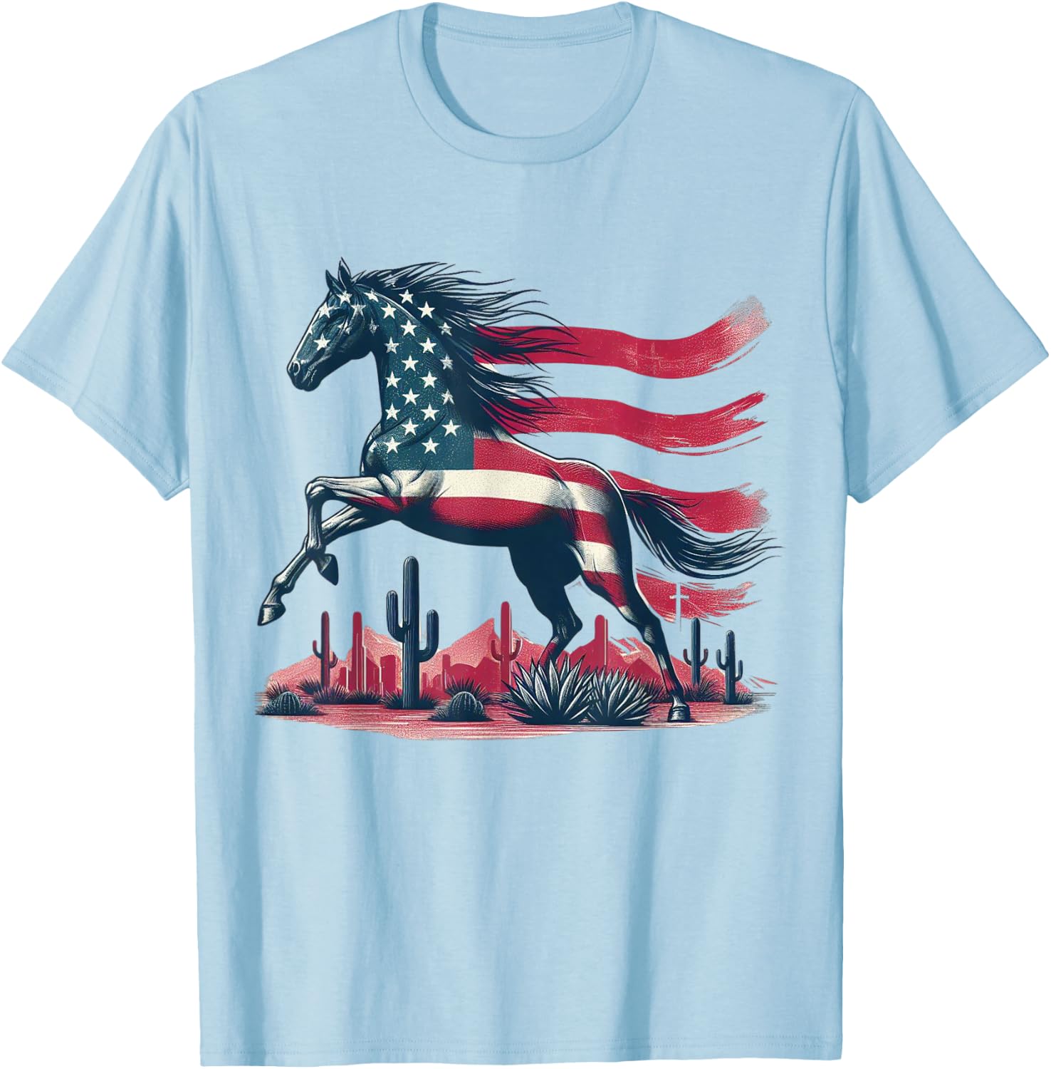Horse American Flag USA 4th of July Horseback Riding Western T-Shirt - T-Shirt | Light Blue