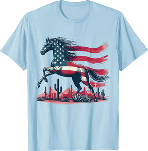 Horse American Flag USA 4th of July Horseback Riding Western T-Shirt - T-Shirt | Light Blue