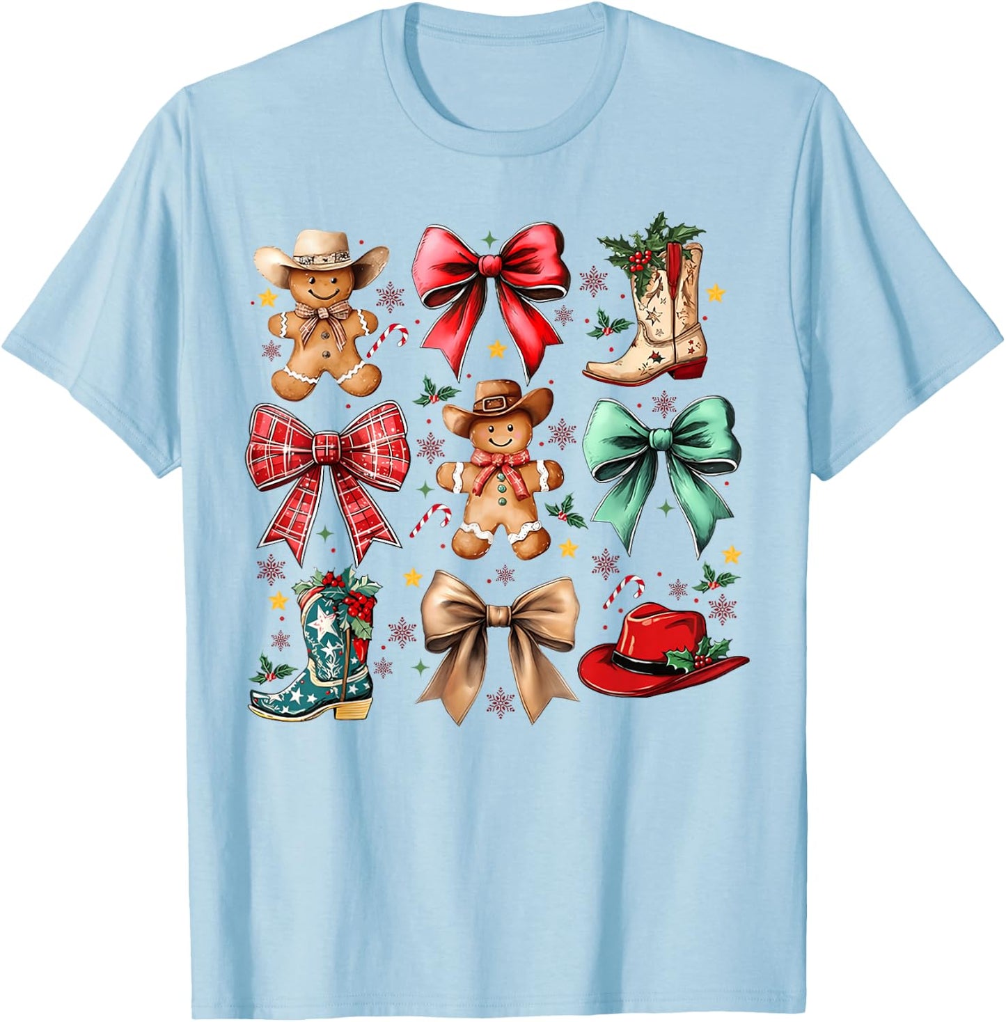 Howdy Christmas Gingerbread Western Cowboy Coquette Bow T-Shirt - T-Shirt | Light Blue