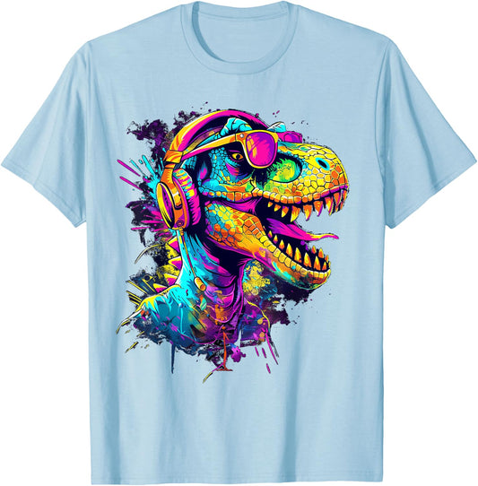 colored dinosaur DJ With Headphones and Sunglasses dino T-Shirt - T-Shirt | Light Blue