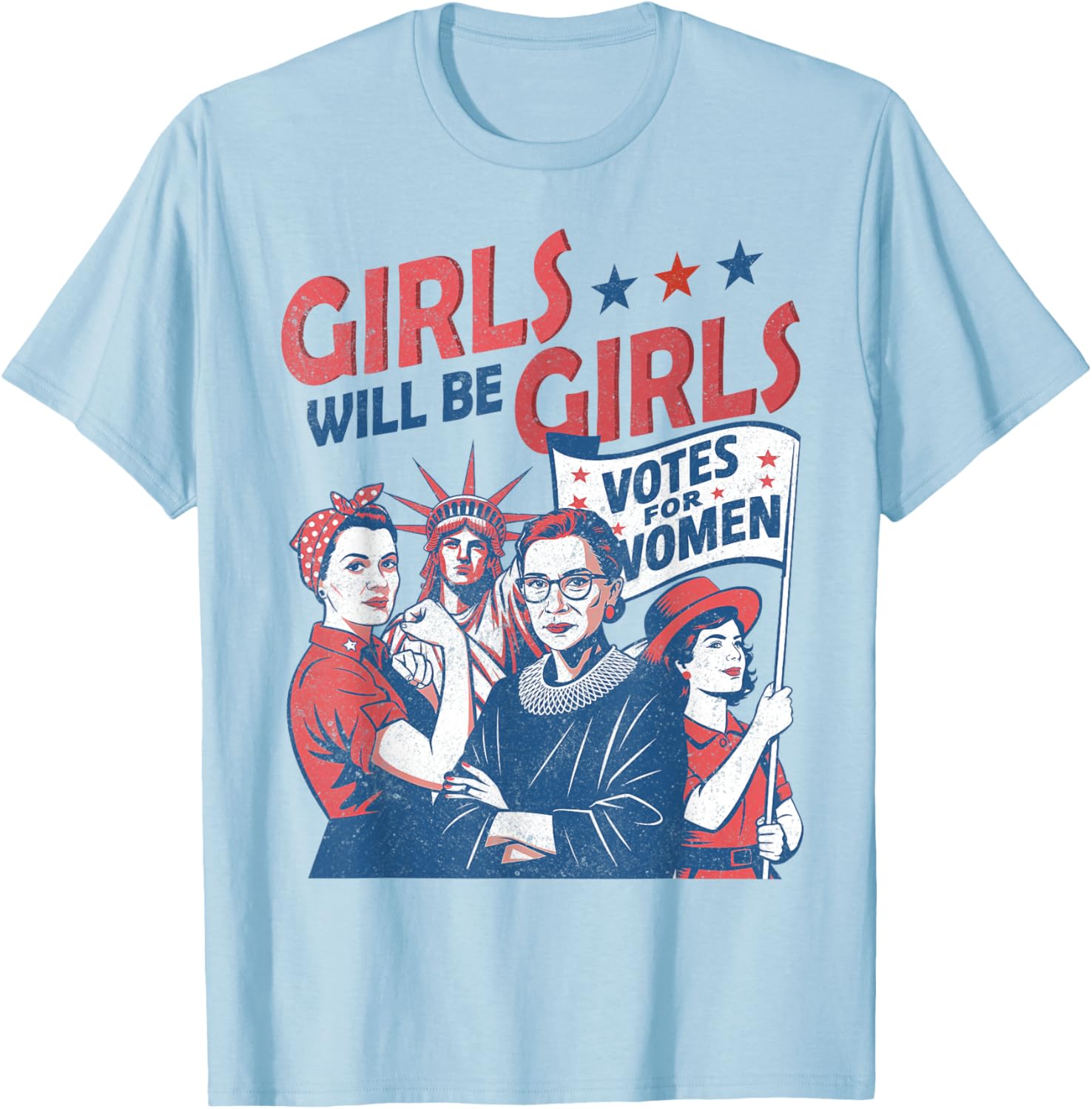 Retro Patriotic Feminist 4th of July Shirts For Girls T-Shirt - T-Shirt | Light Blue