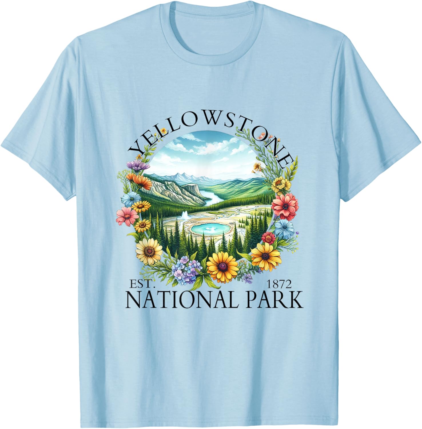 Floral Yellowstone National Park Hiking Camping Outdoor T-Shirt - T-Shirt | Light Blue