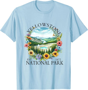 Floral Yellowstone National Park Hiking Camping Outdoor T-Shirt - T-Shirt | Light Blue