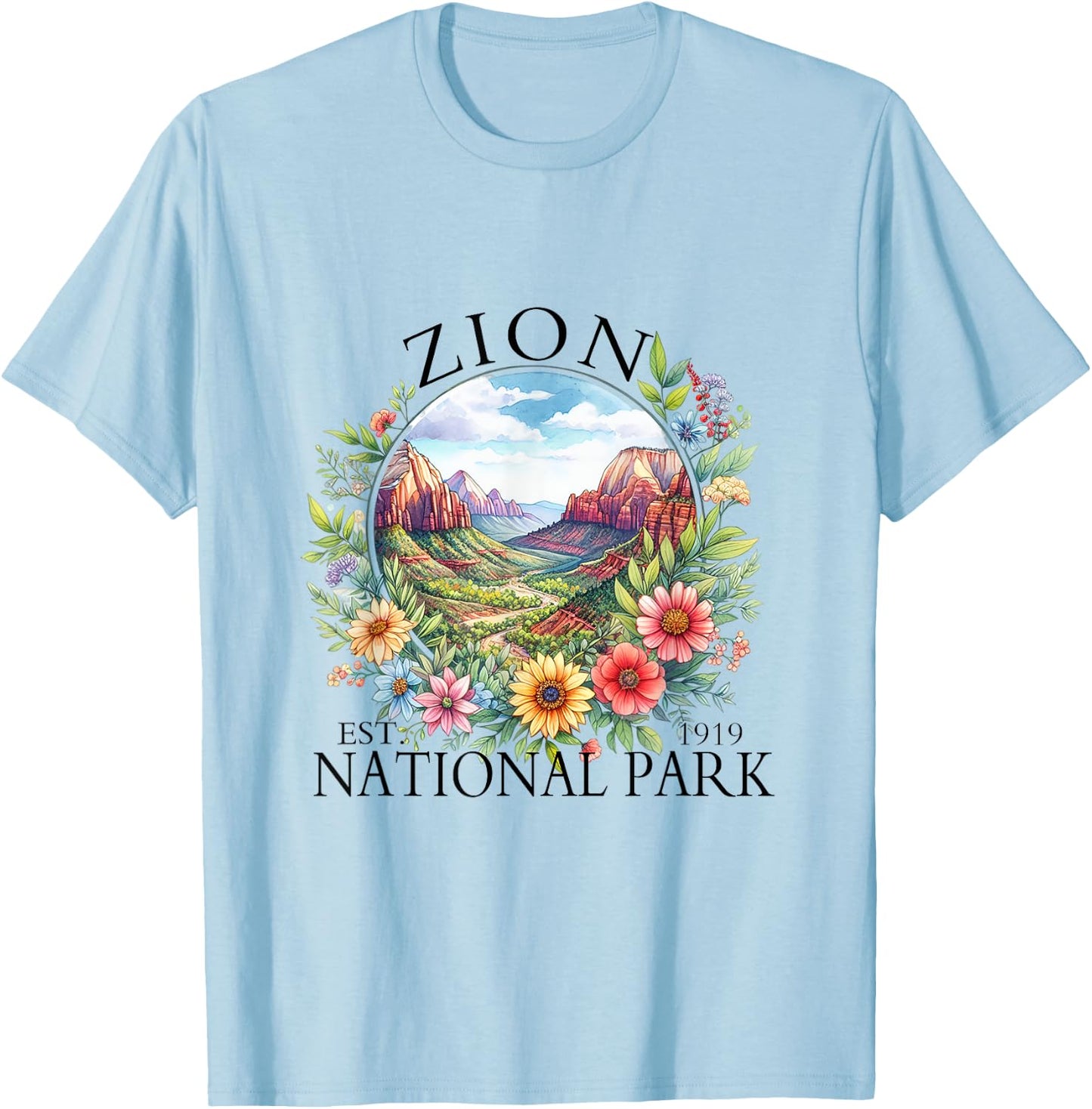 Retro Floral Zion National Park Hiking Camping Outdoor T-Shirt - T-Shirt | Light Blue