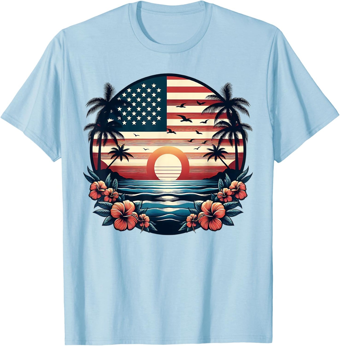 American Flag Palm Trees USA Patriotic 4th of July Summer T-Shirt - T-Shirt | Light Blue