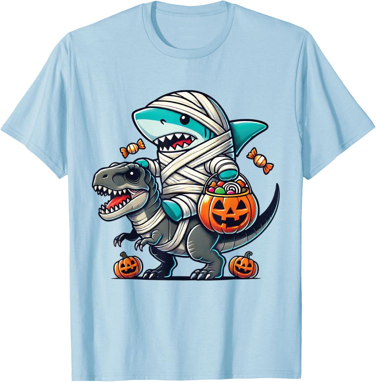 Shark Riding Dinosaur T-rex Funny Halloween Pumpkin Boys Kid T-Shirt - T-Shirt | Light Blue