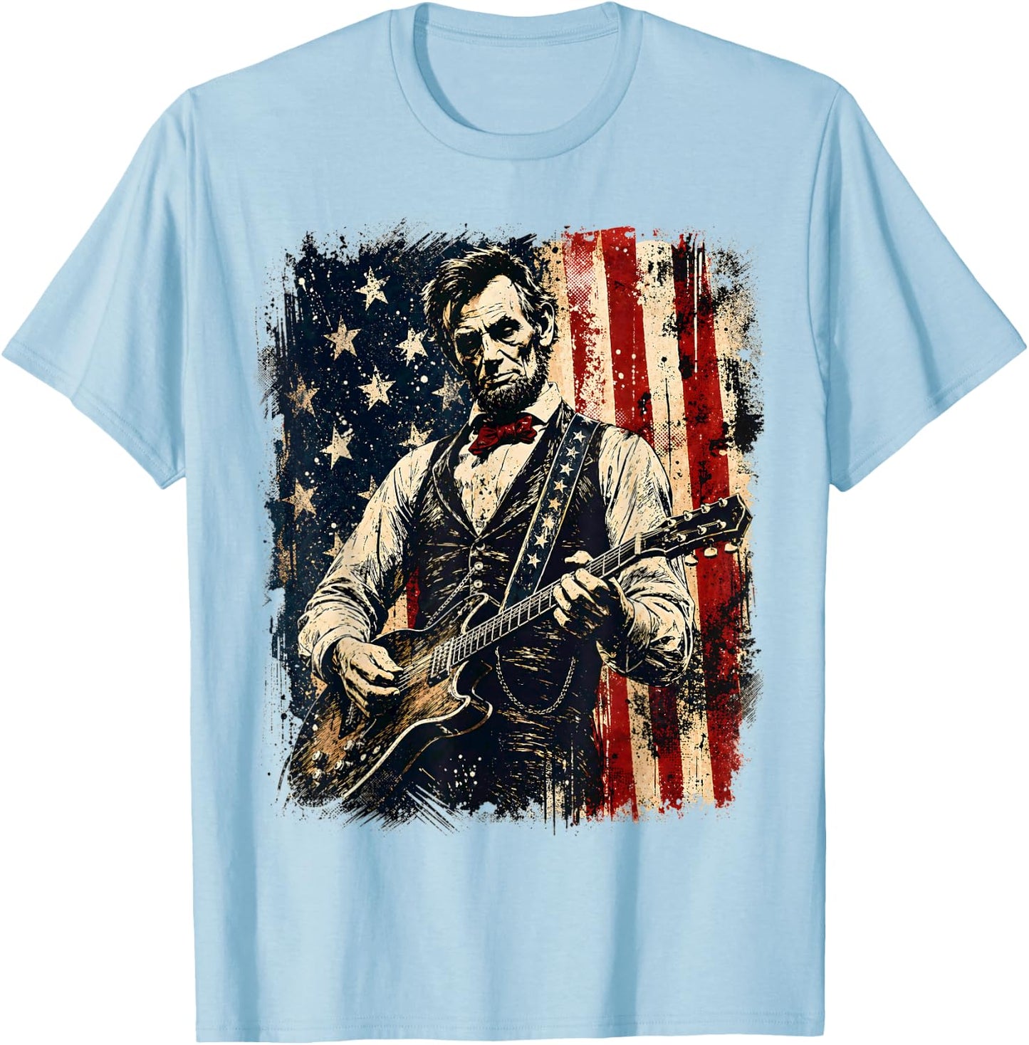 Retro Vintage Abraham Lincoln Playing Guitar American Flag T-Shirt - T-Shirt | Light Blue