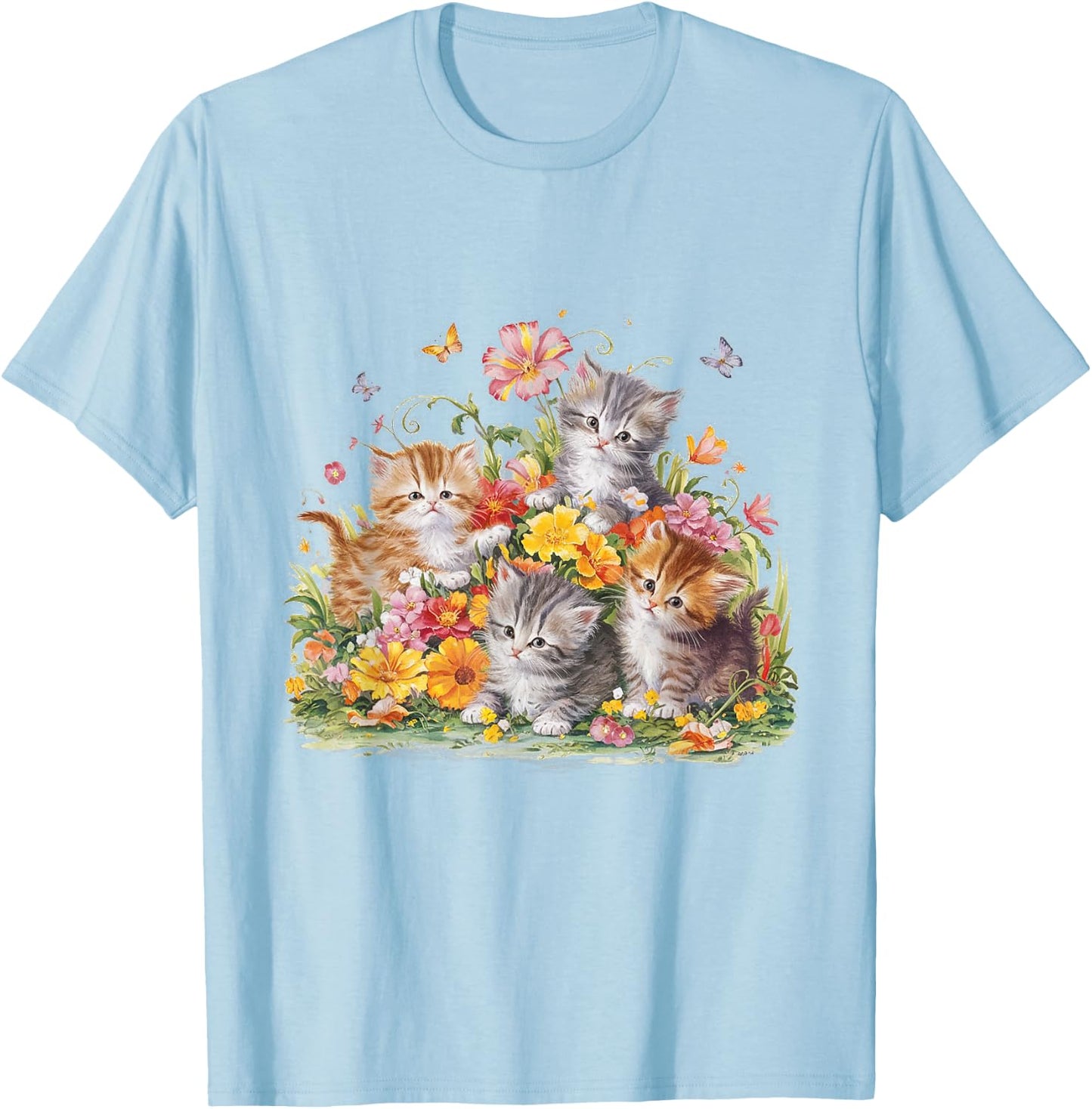 Floral Vintage Aesthetic Painted Kittens and Pressed Flower T-Shirt - T-Shirt | Light Blue