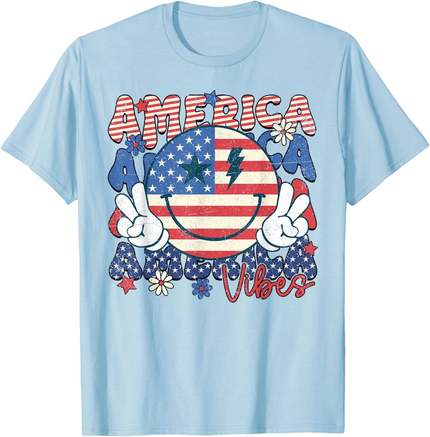 Retro 4th of July America Vibes Smile Face Girls T-Shirt - T-Shirt | Light Blue