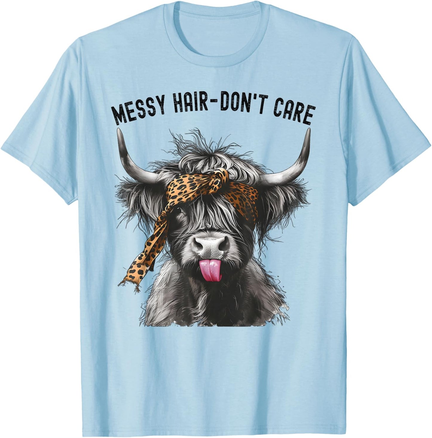 Highland Cow Leopard Print Messy Hair Don't Care Western T-Shirt - T-Shirt | Light Blue