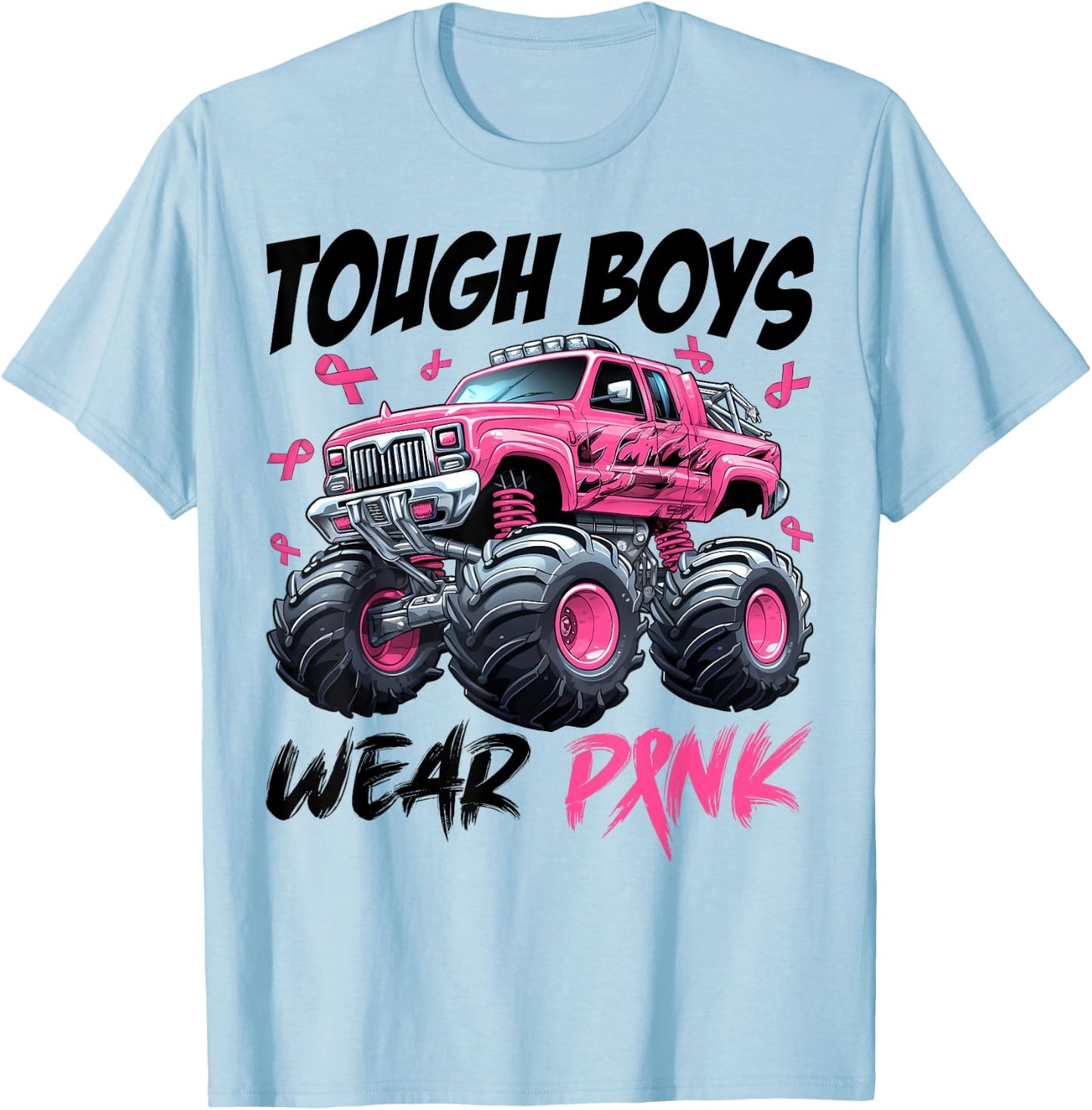 Tough Boys Wear Pink Monster Truck Breast Cancer Awareness T-Shirt - T-Shirt | Light Blue
