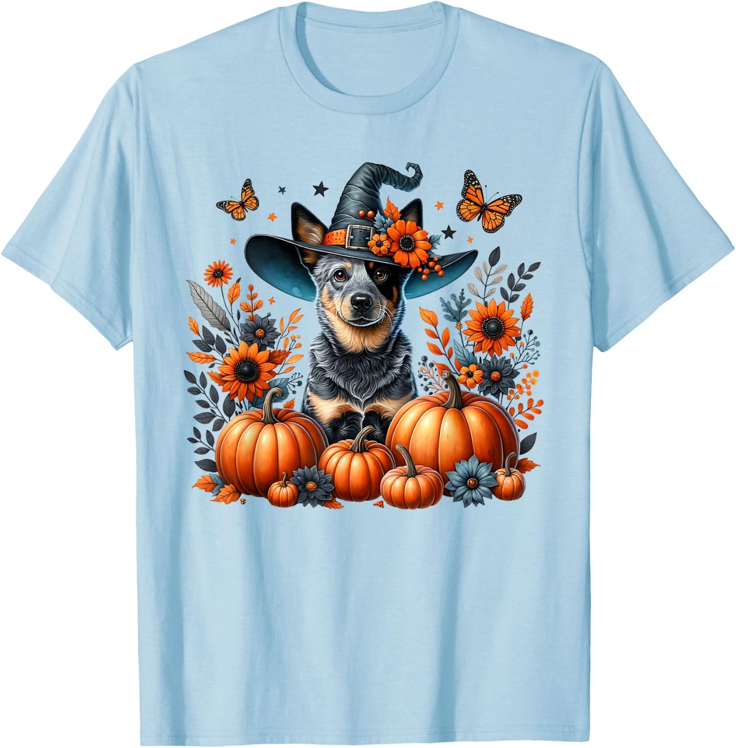 Halloween Blue Heeler Dog Pumpkin Autumn Season Flowers T-Shirt - T-Shirt | Light Blue