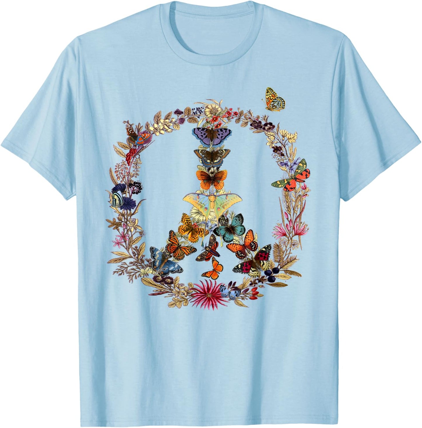 Peace Sign Butterflies flowers 60's 70s Retro Hippie T-Shirt - T-Shirt | Light Blue