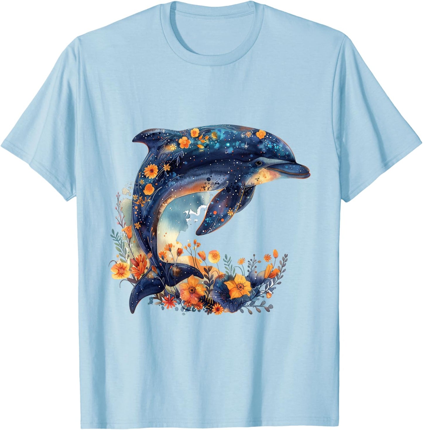 Floral Underwater Sea Dolphin T-Shirt - T-Shirt | Light Blue