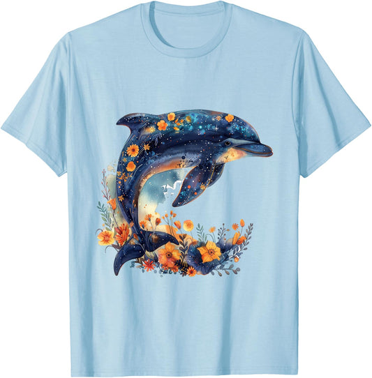 Floral Underwater Sea Dolphin T-Shirt - T-Shirt | Light Blue