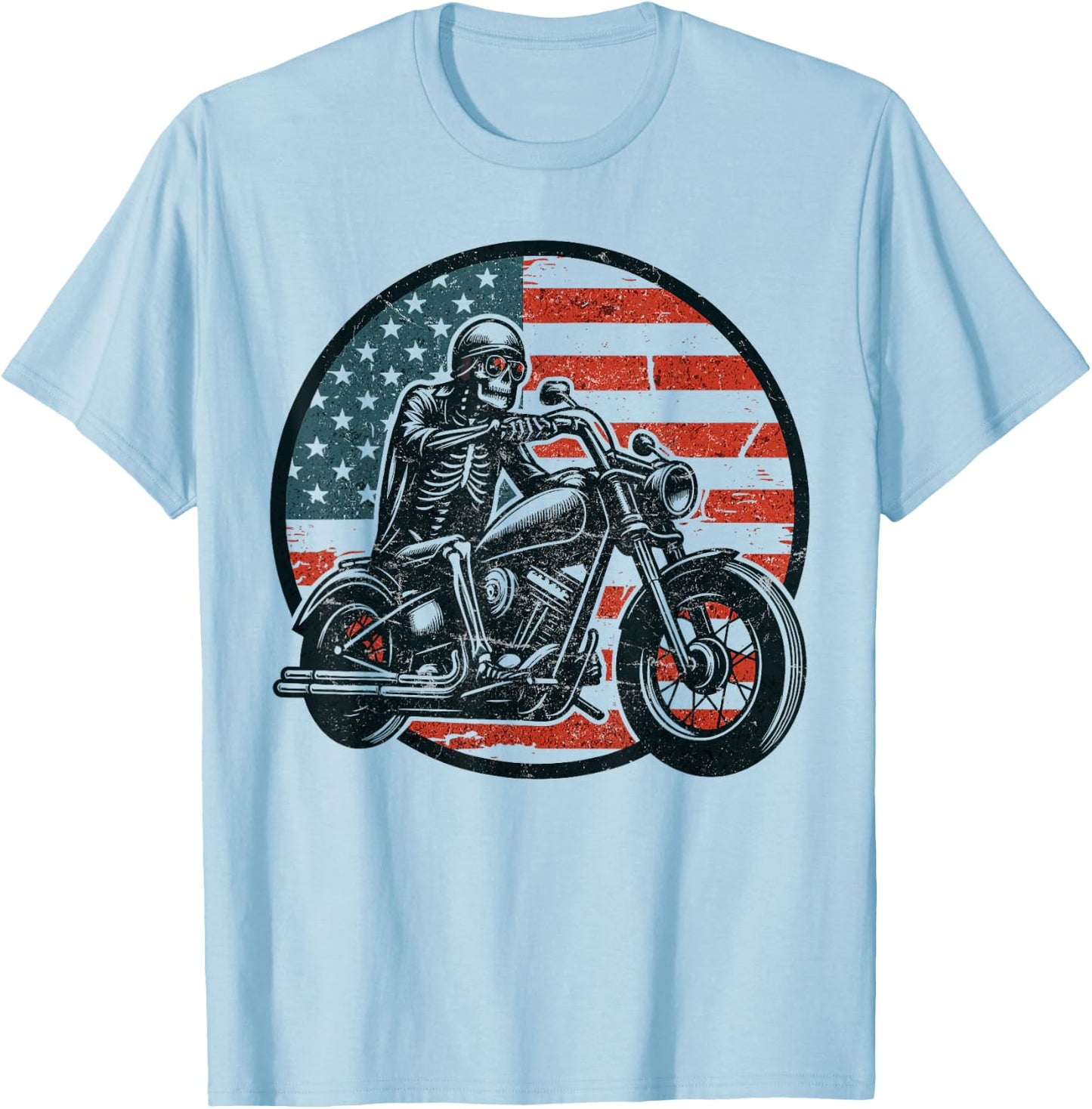 US Flag Motorcycle Skeleton Biker 4th July American Men Dad T-Shirt - T-Shirt | Light Blue