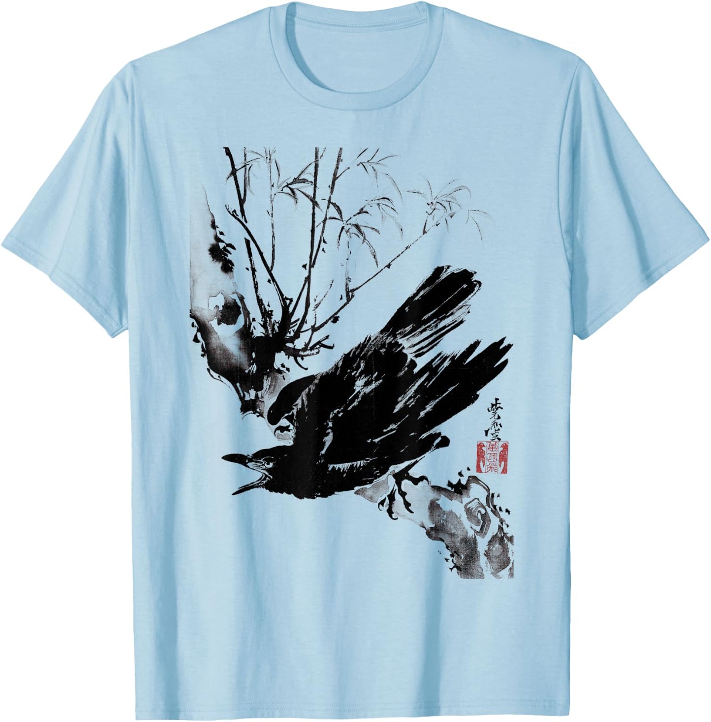 Crow Raven Bird Gothic Vintage Japanese Ukiyo-e Woodblock T-Shirt - T-Shirt | Light Blue