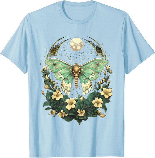 Goblincore Moth and Butterfly Moonphases Flowers Cottagecore T-Shirt - T-Shirt | Light Blue