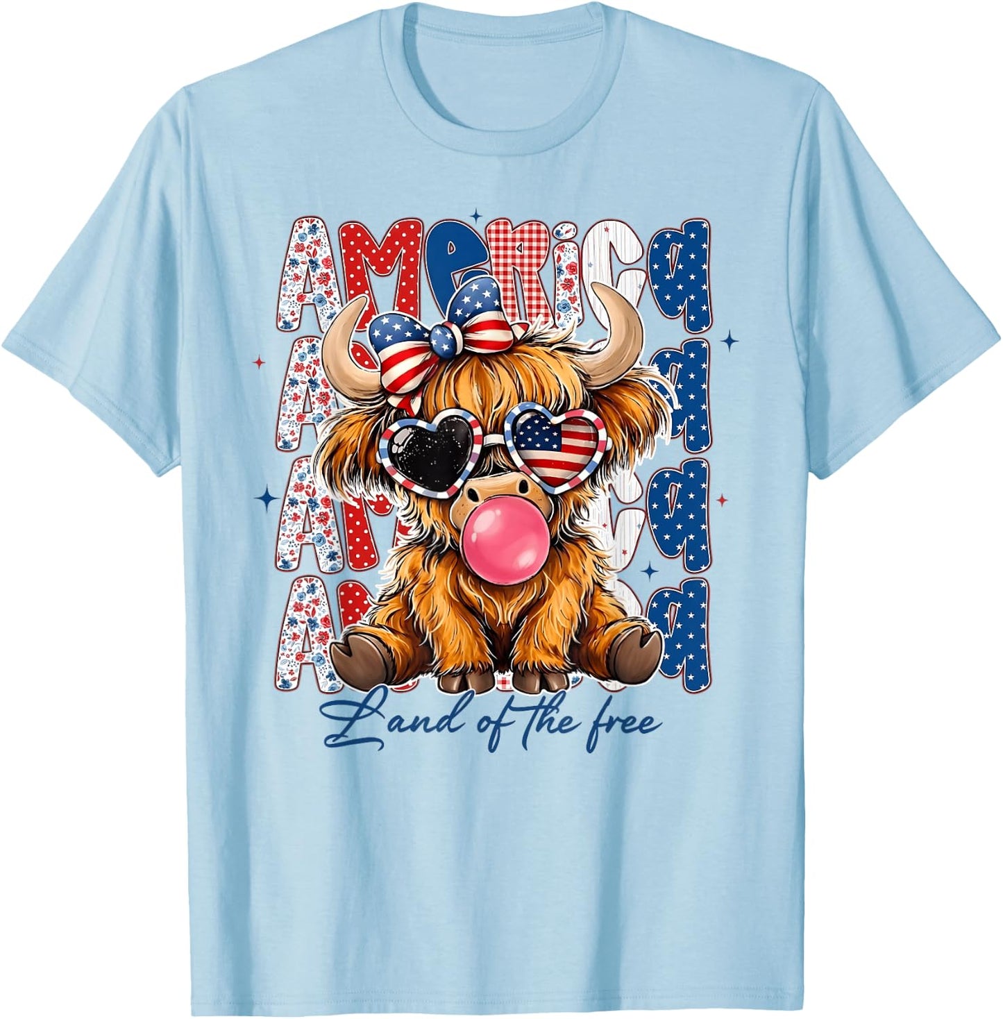 4th of July Highland Cow USA Flag Sunglasses Girl Women T-Shirt - T-Shirt | Light Blue