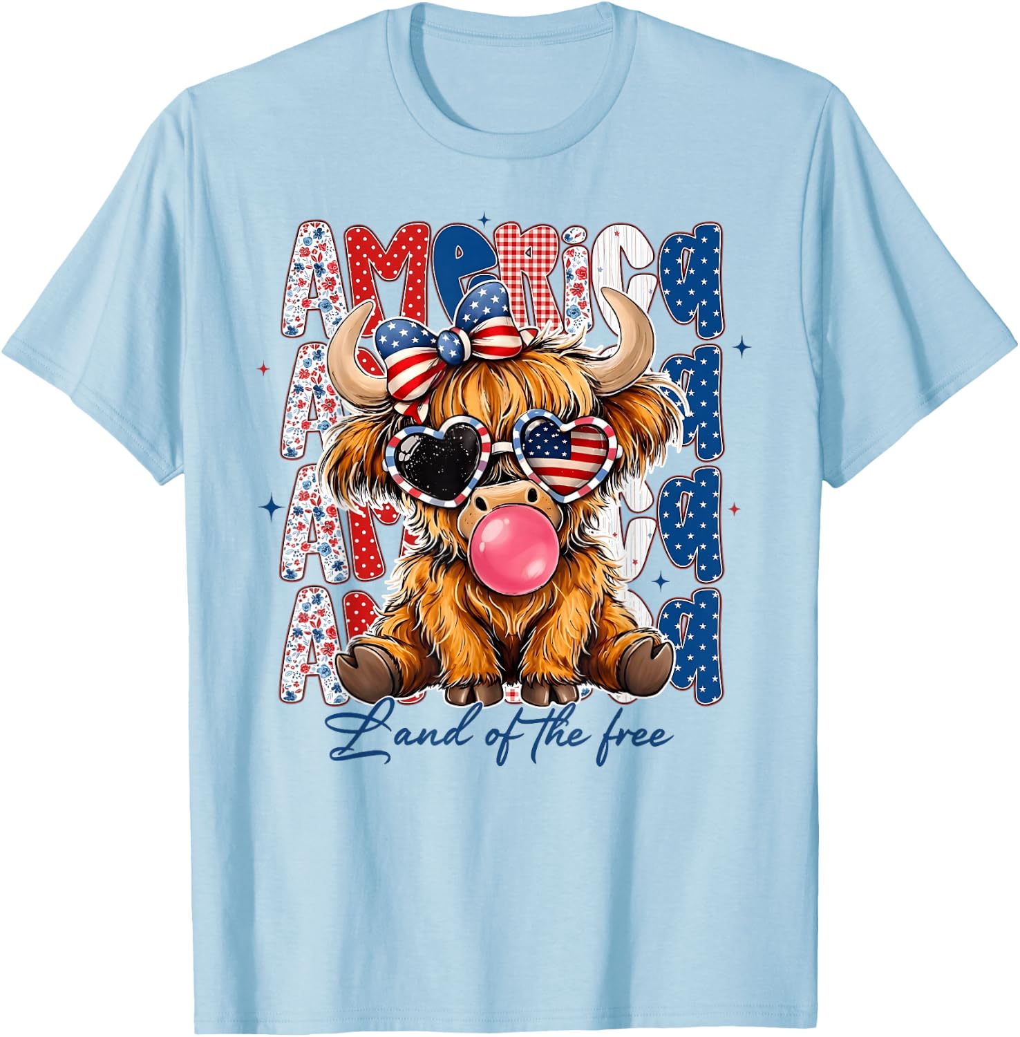 4th of July Highland Cow USA Flag Sunglasses Girl Women T-Shirt - T-Shirt | Light Blue