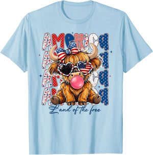4th of July Highland Cow USA Flag Sunglasses Girl Women T-Shirt - T-Shirt | Light Blue