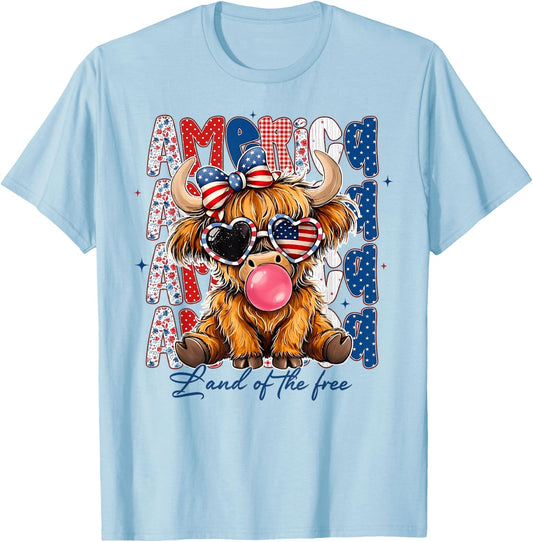 4th of July Highland Cow USA Flag Sunglasses Girl Women T-Shirt - T-Shirt | Light Blue