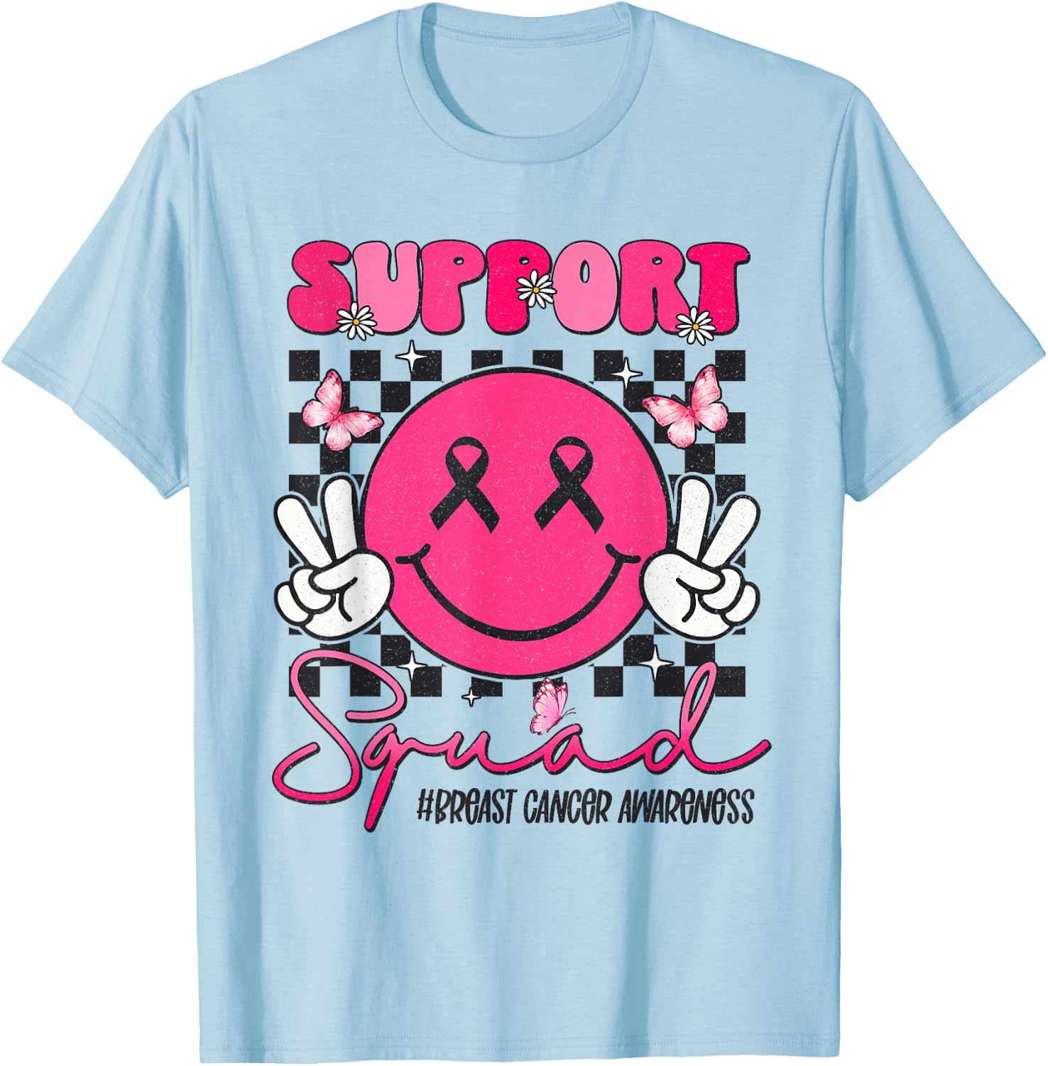 Support Squad Breast Cancer Awareness Smile Face Pink Ribbon T-Shirt - T-Shirt | Light Blue