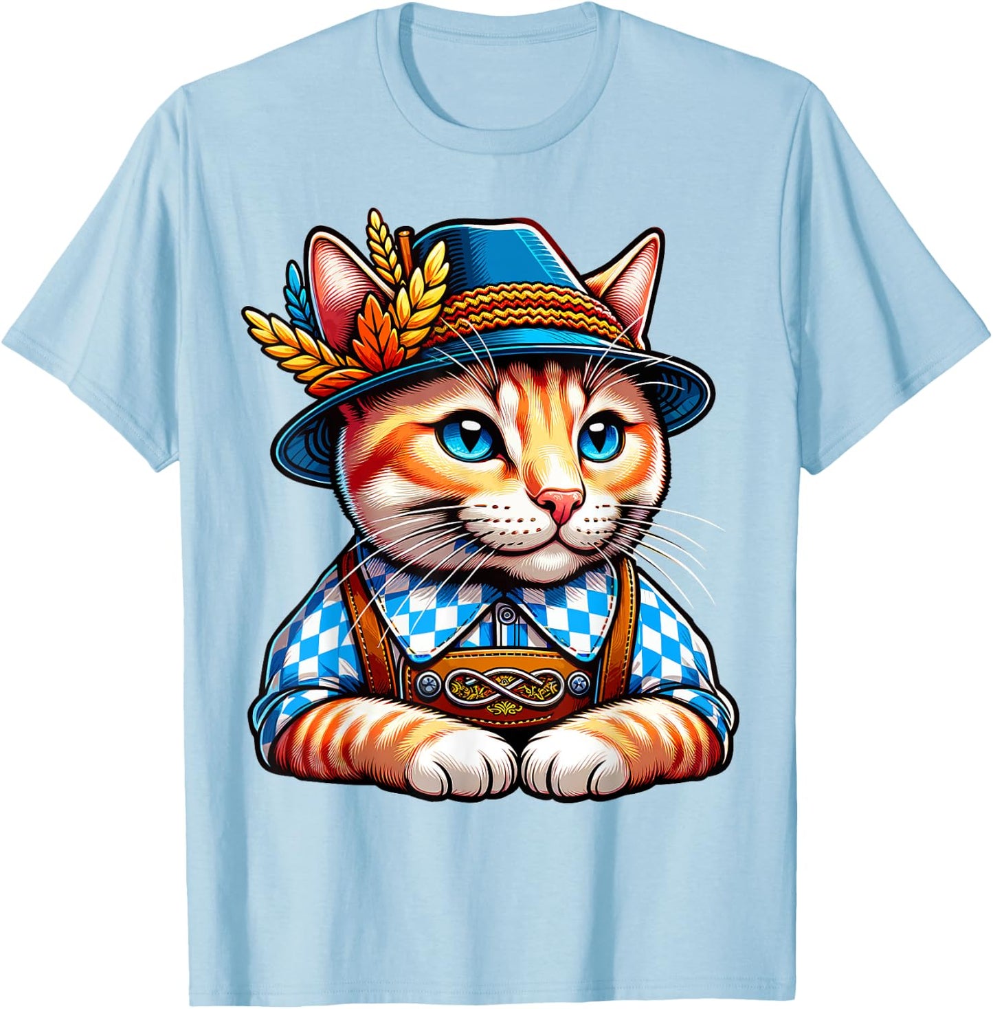 Oktoberfest Cat Funny German Bavarian Lederhosen Cat Lover T-Shirt - T-Shirt | Light Blue