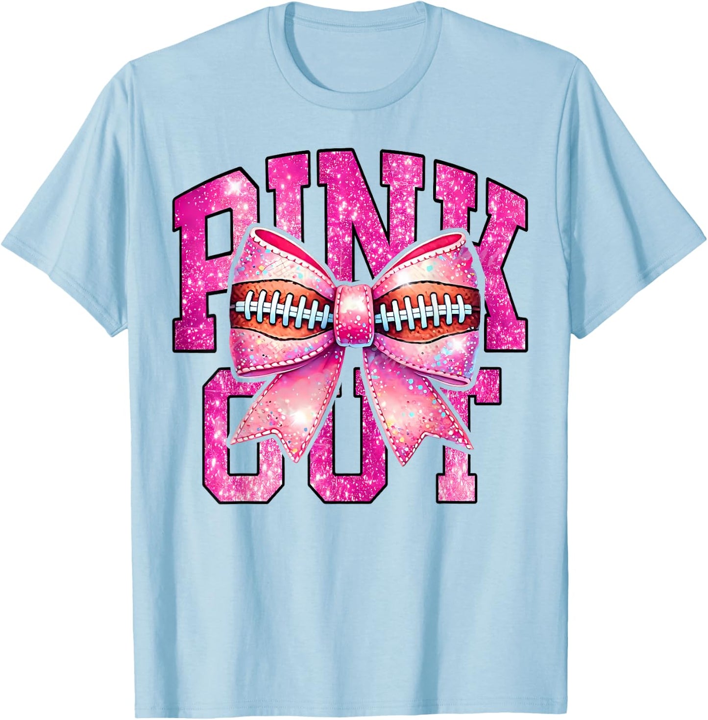 Pink Out Football Coquette Bow Tackle Breast Cancer Game Day T-Shirt - T-Shirt | Light Blue