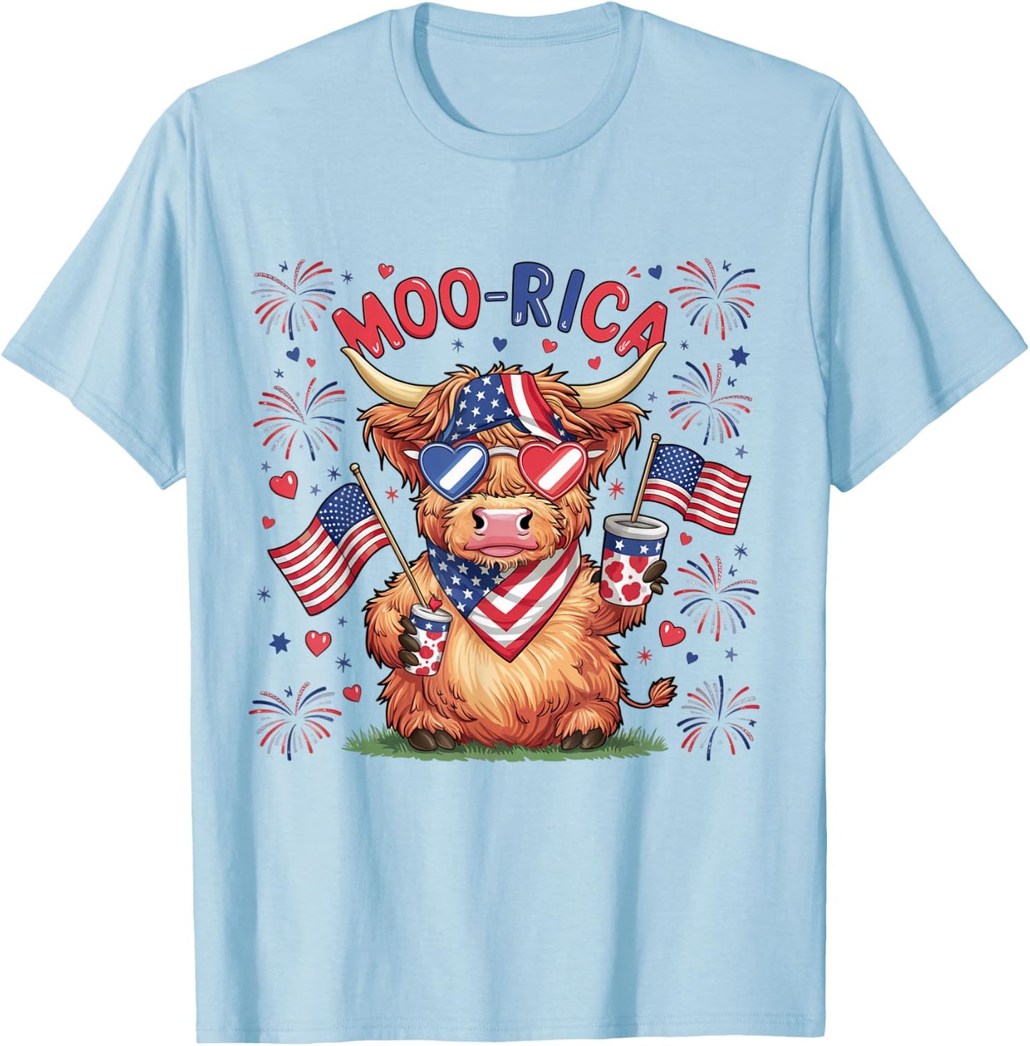 Moo-Rica Western America Highland Cow 4th Of July USA Flag Kids Men T-Shirt - T-Shirt | Light Blue