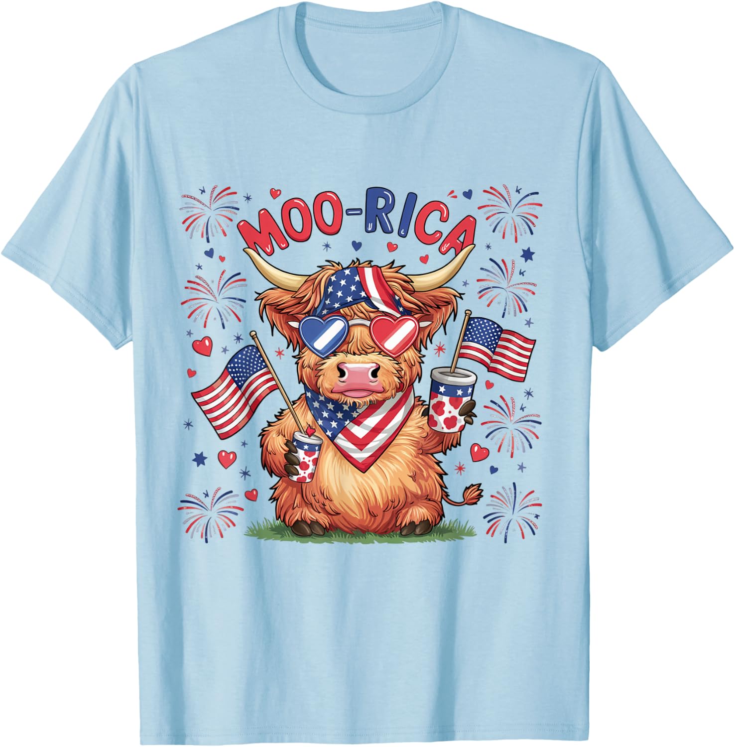Moo-Rica Western America Highland Cow 4th Of July USA Flag Kids Men T-Shirt - T-Shirt | Light Blue