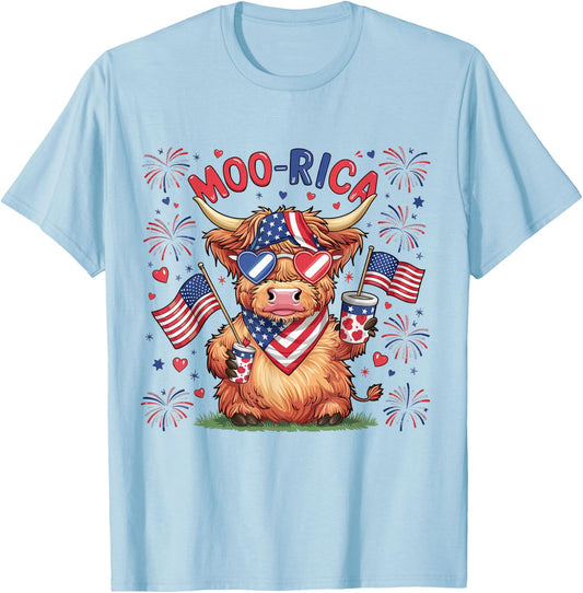 Moo-Rica Western America Highland Cow 4th Of July USA Flag Kids Men T-Shirt - T-Shirt | Light Blue