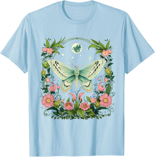 Goblincore Moth and Butterfly Moonphases Flowers Cottagecore T-Shirt - T-Shirt | Light Blue