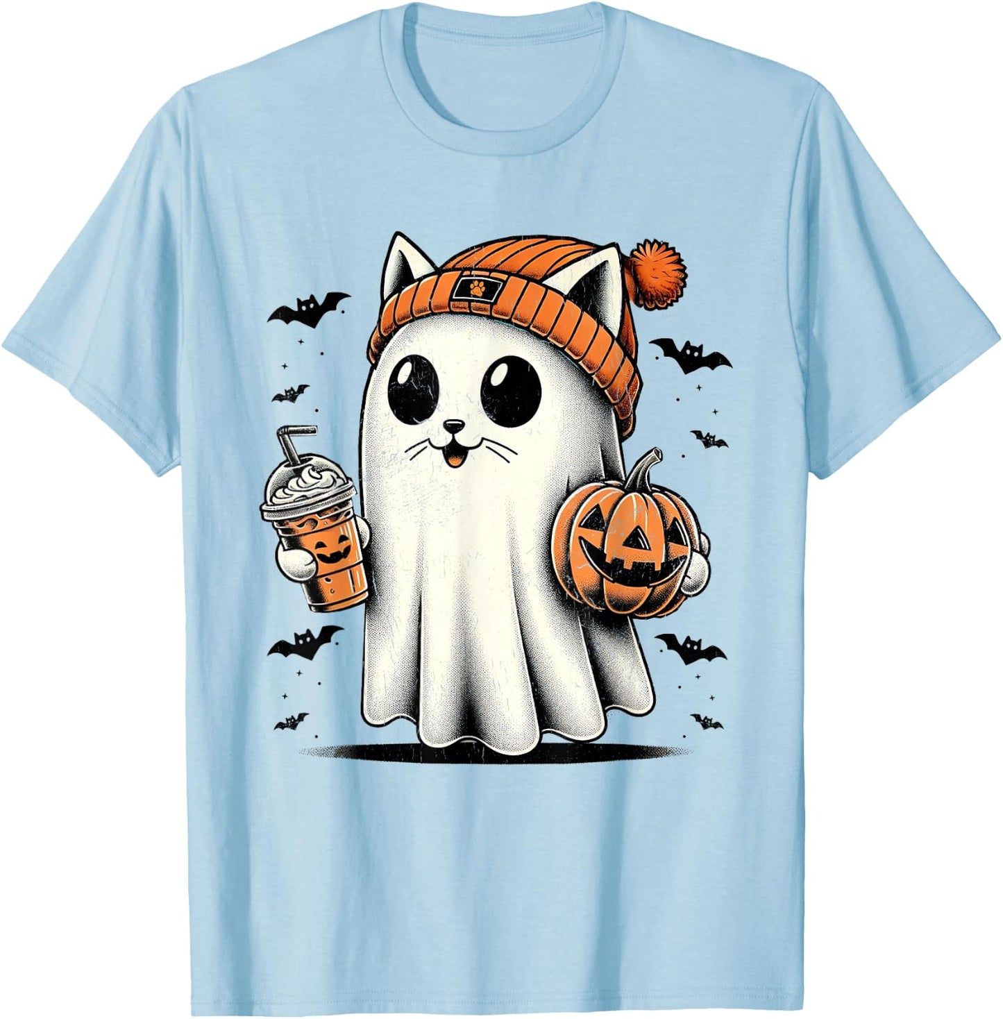 Cute Cat Ghost Iced Coffee Funny Ghost Halloween Ice Coffee Women Kids T-Shirt - T-Shirt | Light Blue