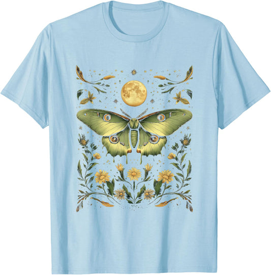 Goblincore Moth and Butterfly Moonphases Flowers Cottagecore T-Shirt - T-Shirt | Light Blue