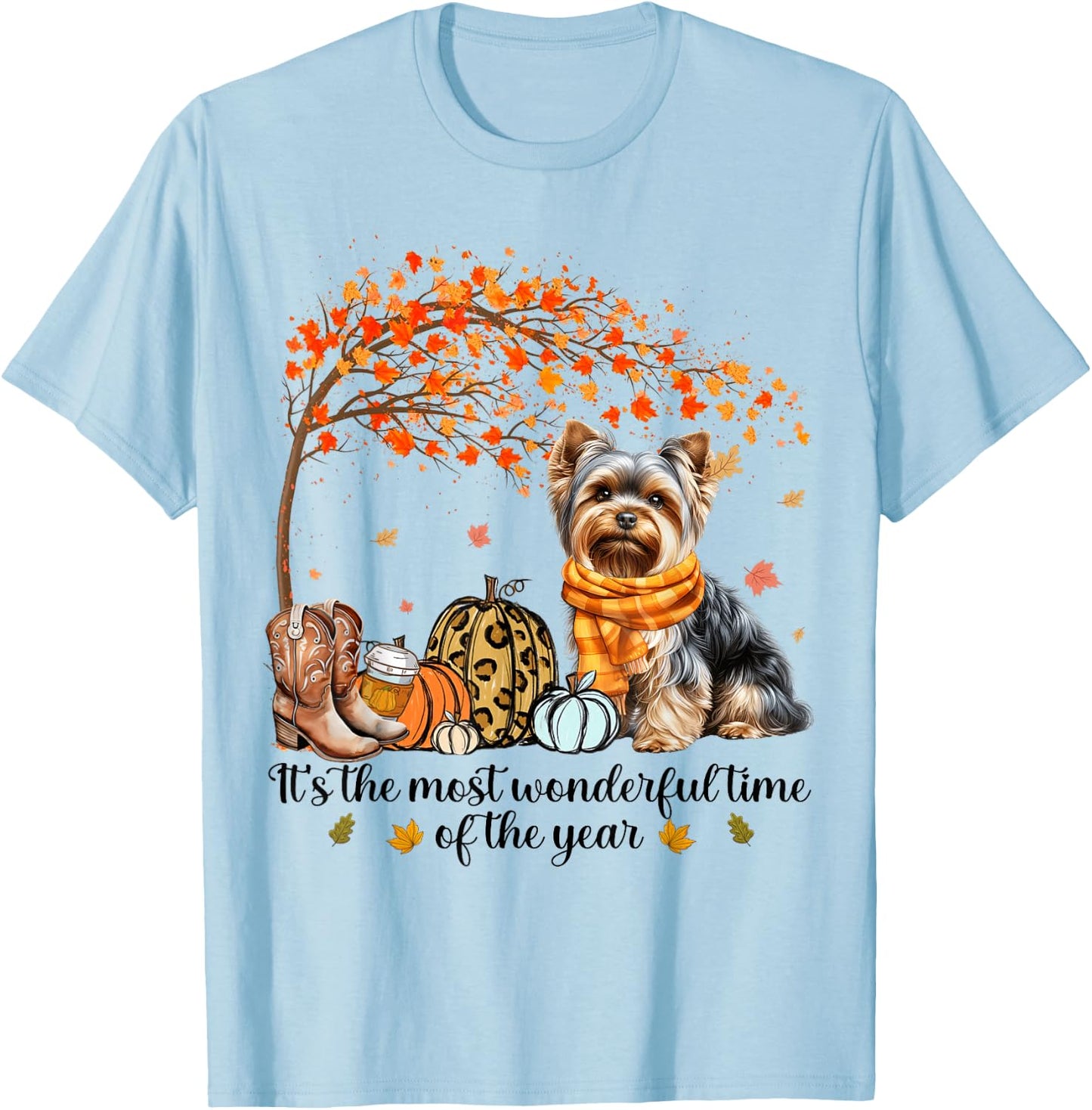 It’s The Most Wonderful Time Yorkie Pumpkins Autumn Fall T-Shirt - T-Shirt | Light Blue