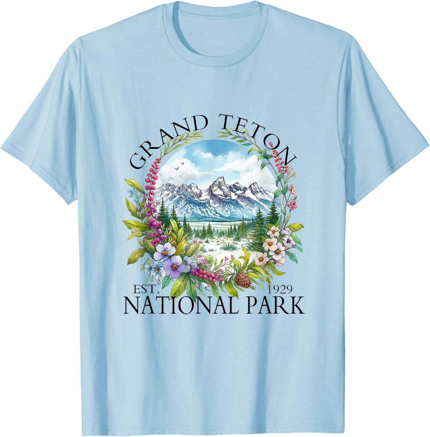 Floral Grand Teton National Park Hiking Camping Outdoor T-Shirt - T-Shirt | Light Blue