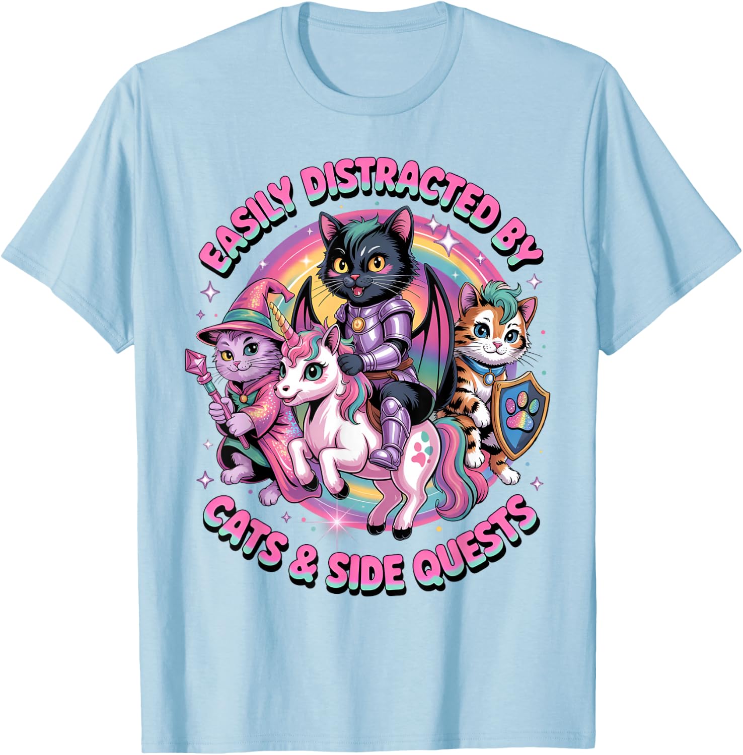 Gamer Cats Side Quest Distracted Cute Girls Unicorn RPG T-Shirt - T-Shirt | Light Blue