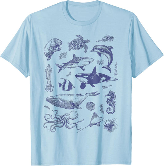 Vintage 90s Tattoo Sea Animal Ocean Nature T-Shirt - T-Shirt | Light Blue
