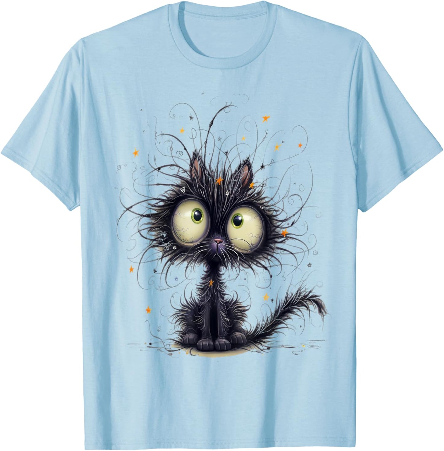 Frazzled Cat Funny Fantasy Whimsical with Big Round Eyes T-Shirt - T-Shirt | Light Blue