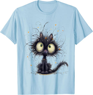 Frazzled Cat Funny Fantasy Whimsical with Big Round Eyes T-Shirt - T-Shirt | Light Blue