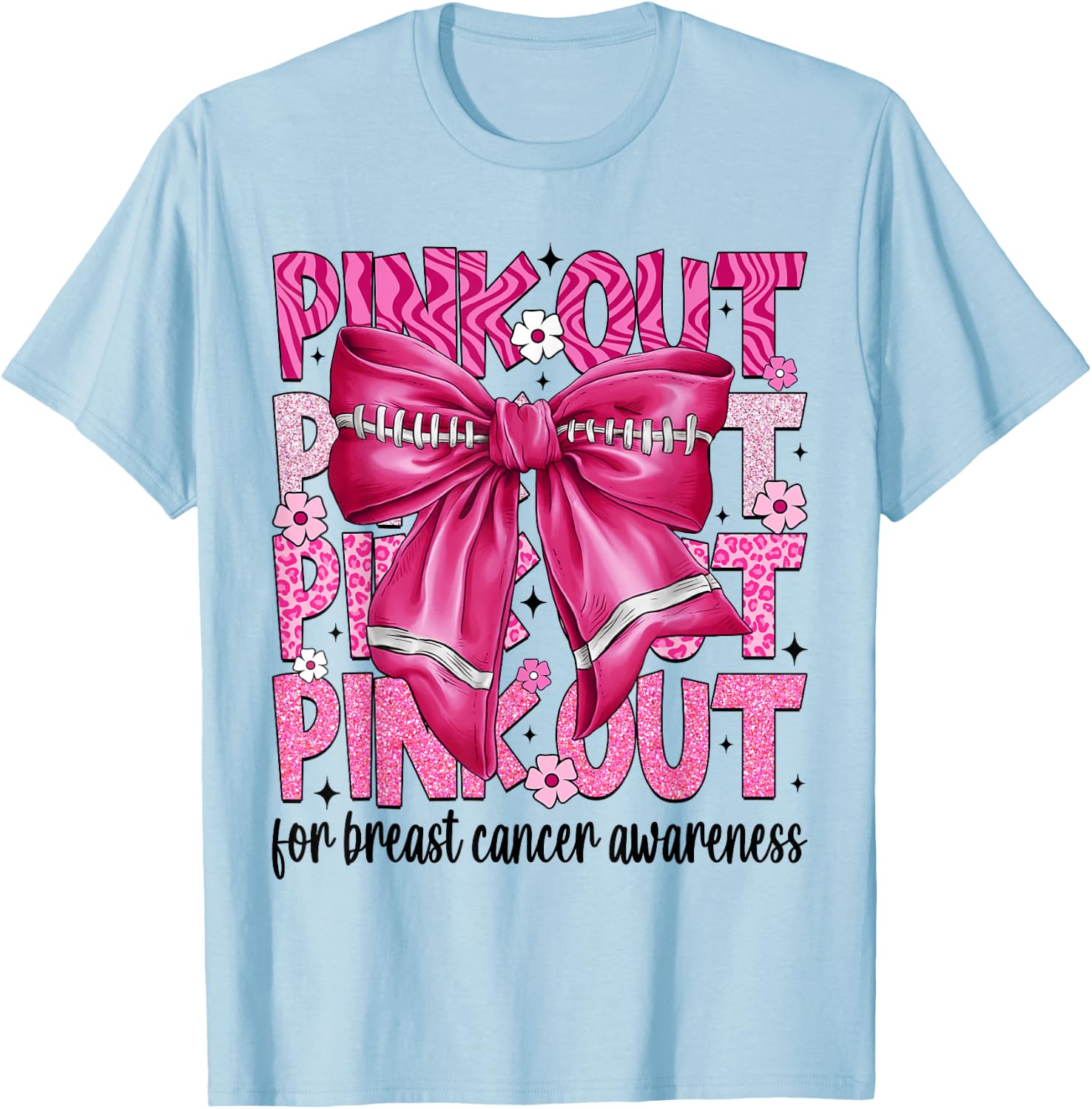 Coquette Bow Pink Out Football Team Breast Cancer Awareness T-Shirt - T-Shirt | Light Blue