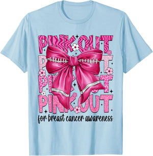 Coquette Bow Pink Out Football Team Breast Cancer Awareness T-Shirt - T-Shirt | Light Blue